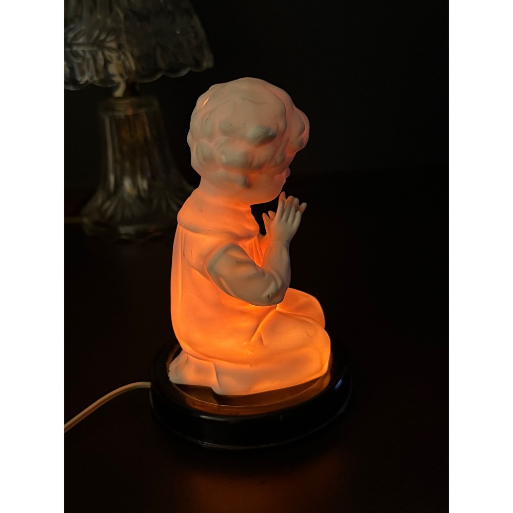 Vintage Enesco Praying Boy Porcelain Night Light Figurine Bisque Table Lamp - Picture 6 of 10